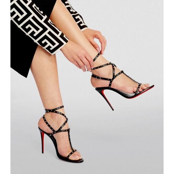 Christian Louboutin Bombina Spikes 100 Black Ankle Strappy Sandal Heel Pump 36 - Picture 3 of 12